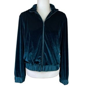 Stretch Velvet Athleisure Bomber Jacket Satin Cuffs Waist Teal Size M